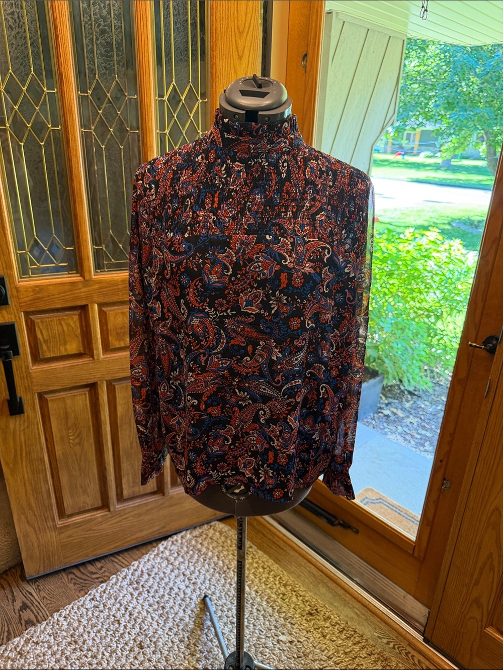 High-Neck Paisley Blouse in Navy and Rust